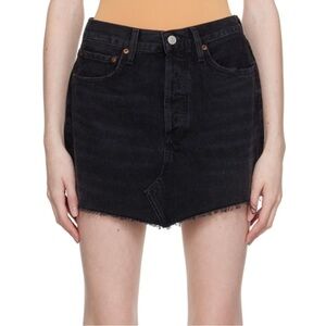 AGOLDE Parker Angled Raw Hem Lightly Distressed Denim Mini Skirt, Black size 26
